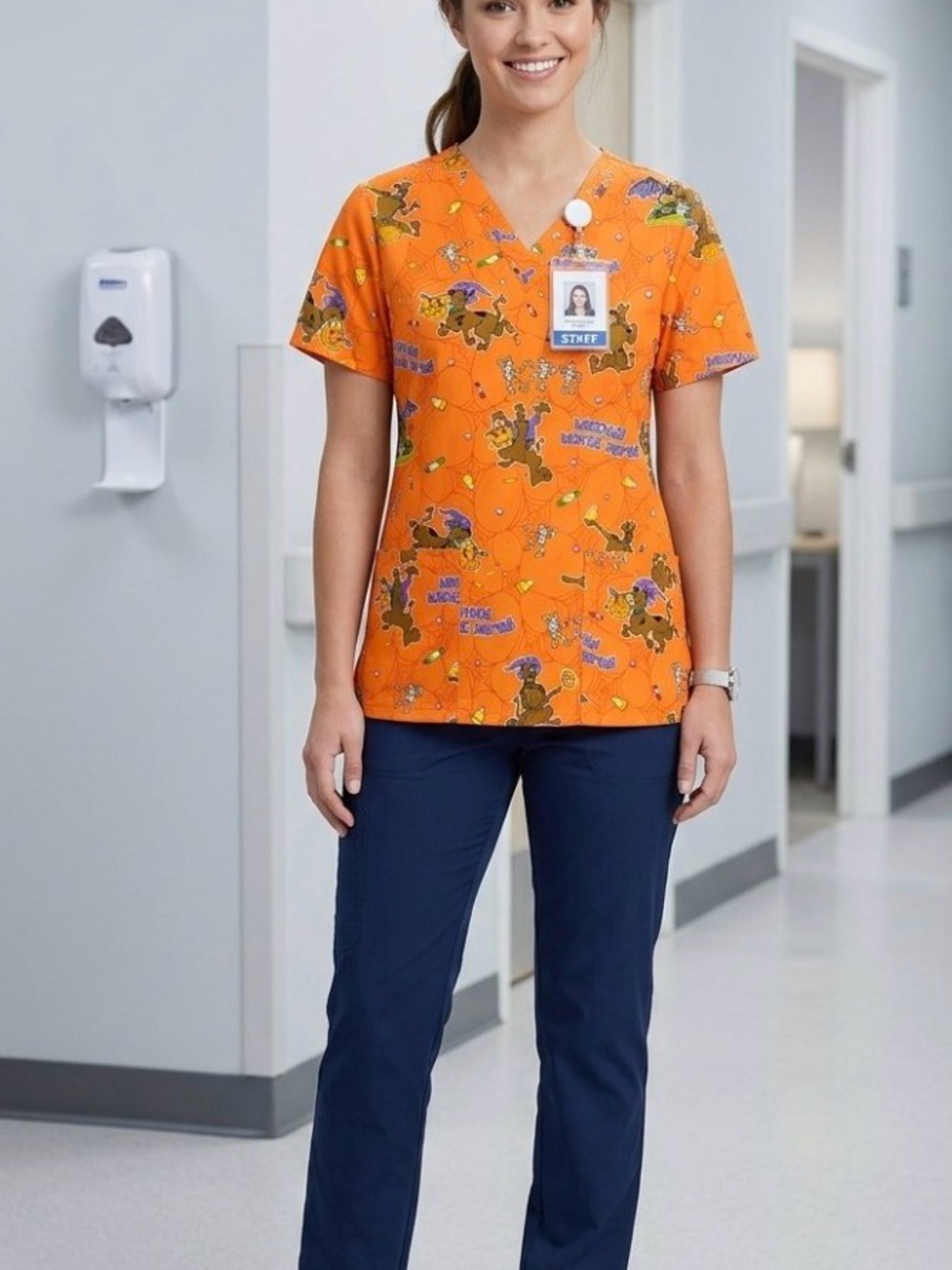 VHTF Scooby-Doo Haunted House Party Halloween Scrub Top - Orange - sz Small EUC